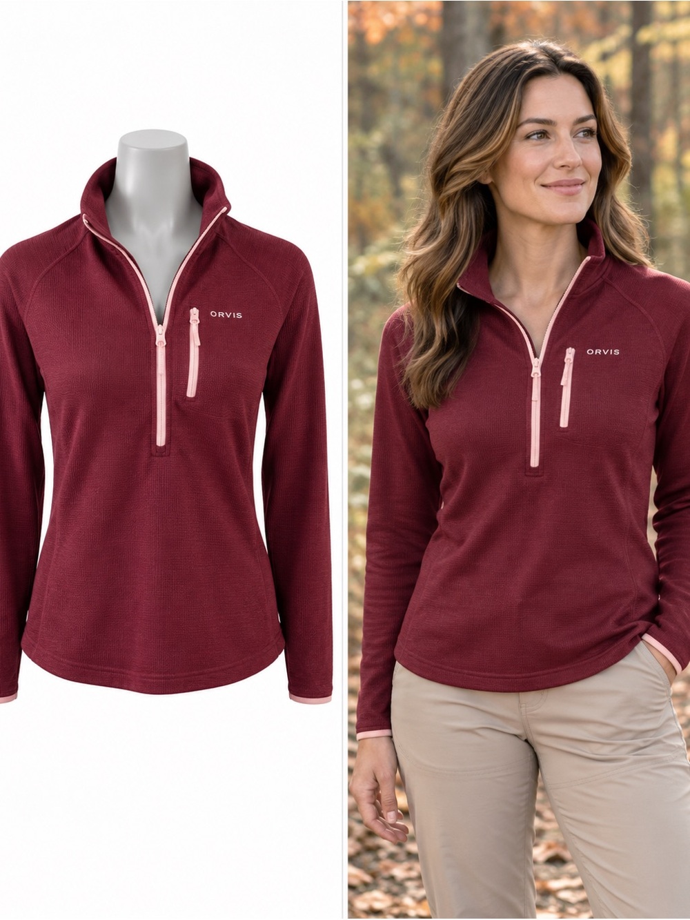 Orvis Burgundy Pink Trim Quarter Zip Performance Pullover Women’s S